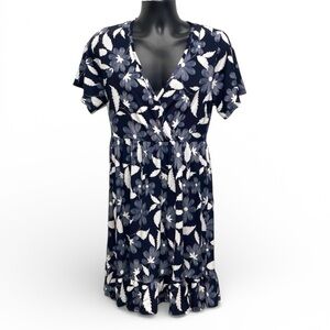 Espresso Navy/White Floral Midi Dress Size 12 (Approx) V-Neck Flowy Boho Style